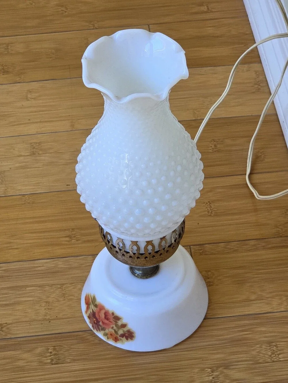 Vintage Hobnail Milk Glass Table Lamp with Floral Base Cottagecore Boudoir Lamp
